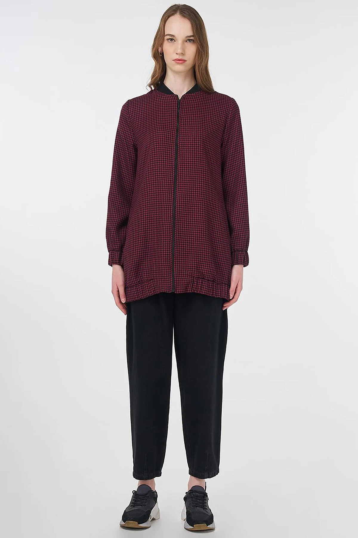 Houndstooth Pattern Basic Jacket Black-Burgundy