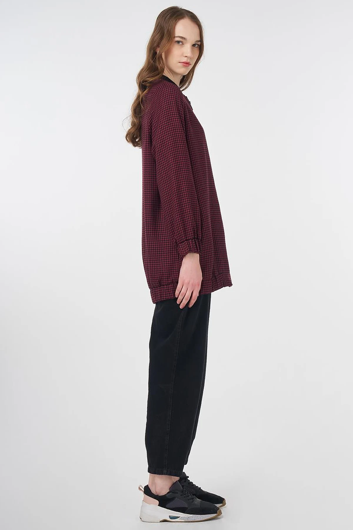 Houndstooth Pattern Basic Jacket Black-Burgundy
