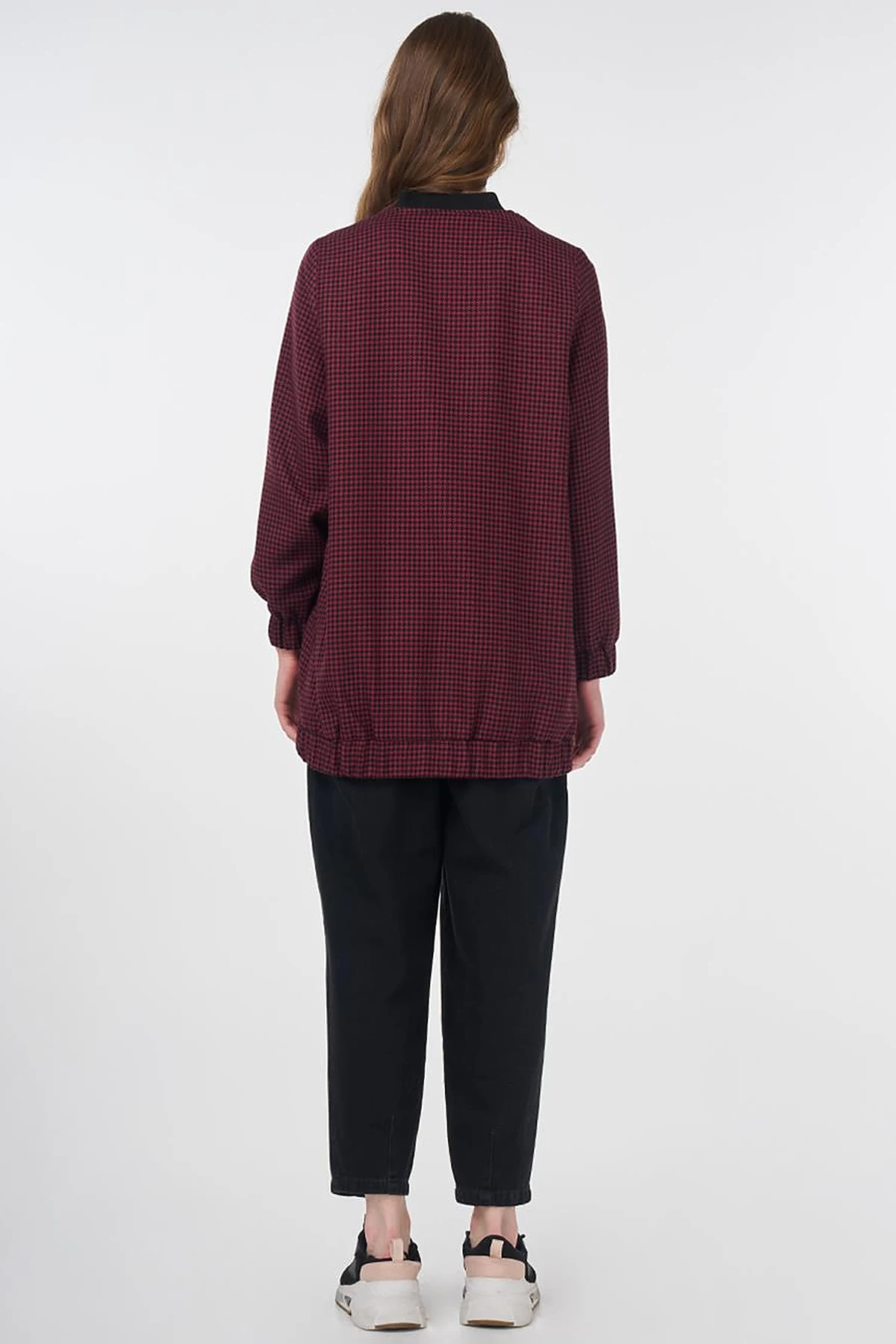 Houndstooth Pattern Basic Jacket Black-Burgundy