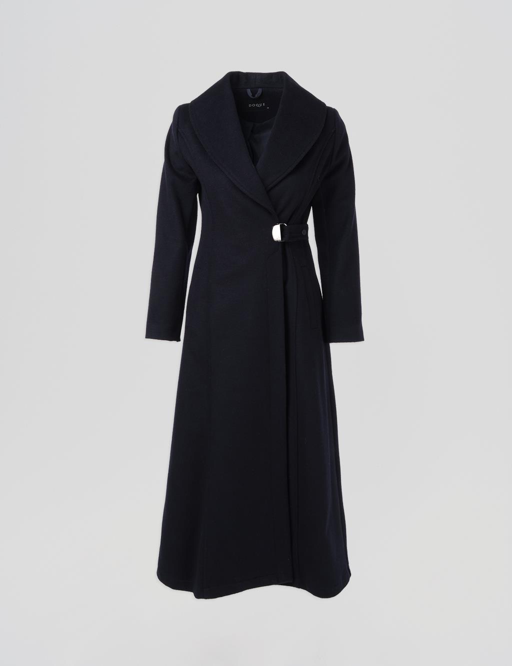 Metal Buckle Detailed Cashmere Coat Navy Blue