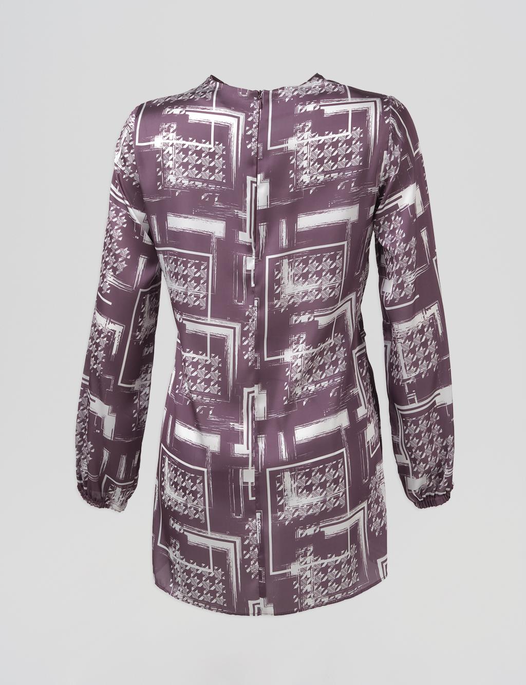 Belted Abstract Pattern Blouse Plum