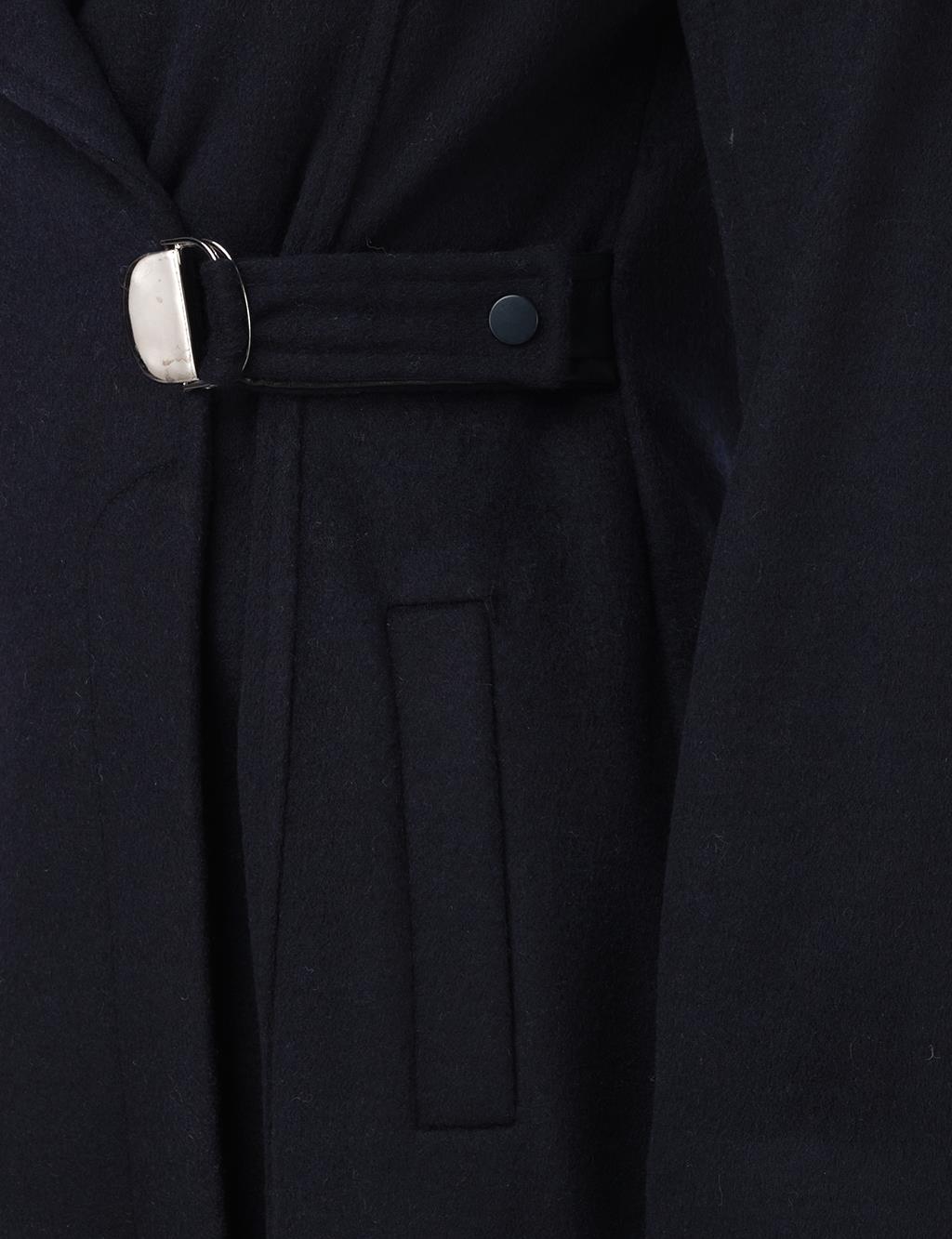 Metal Buckle Detailed Cashmere Coat Navy Blue