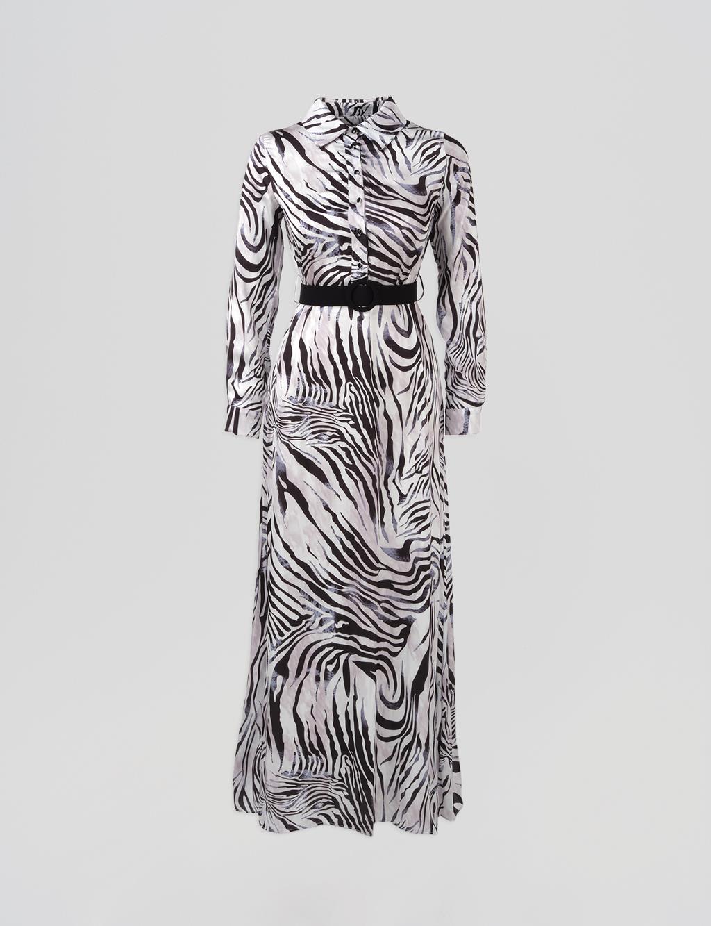 Belted Zebra Pattern Dress Black