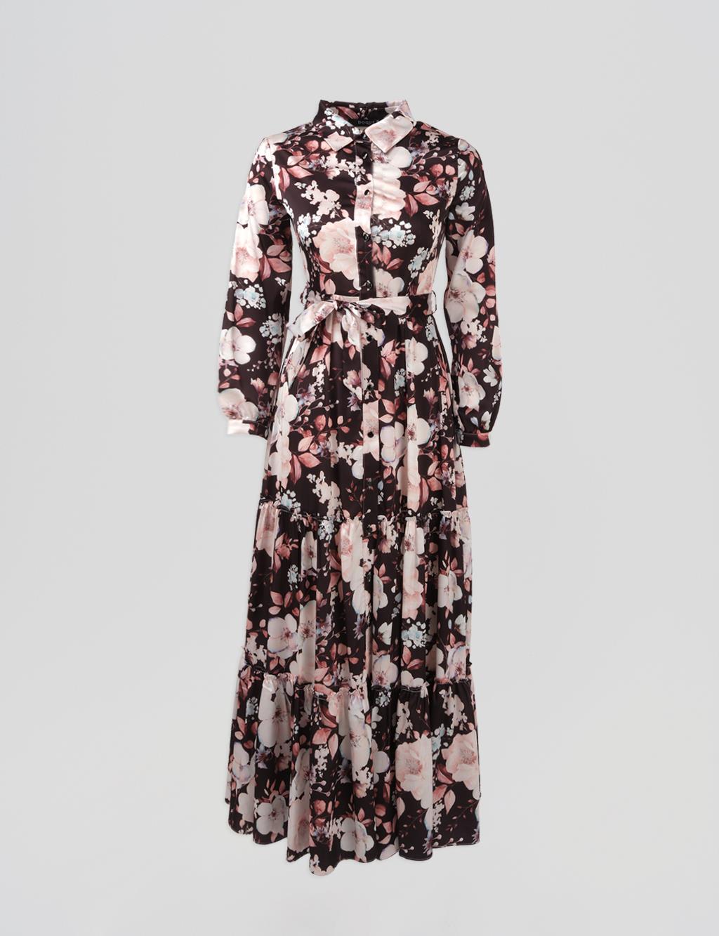 Floral Patterned Belted Dress Black