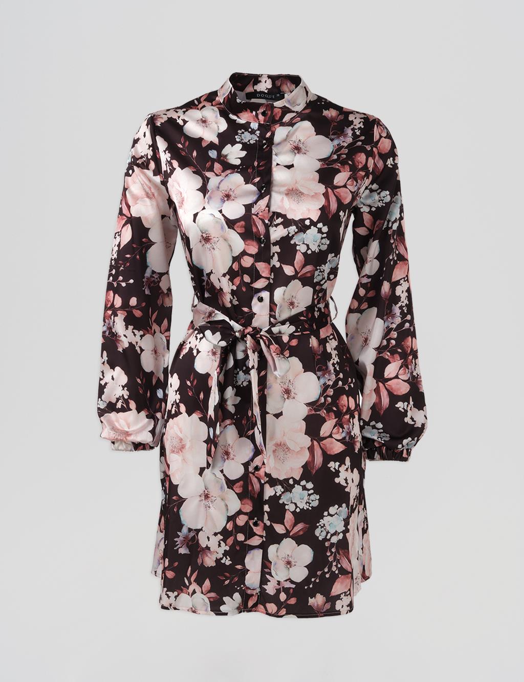 Floral Pattern Belted Tunic Black
