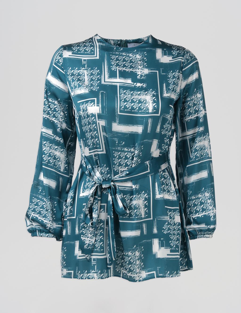 Belted Abstract Pattern Blouse Petrol