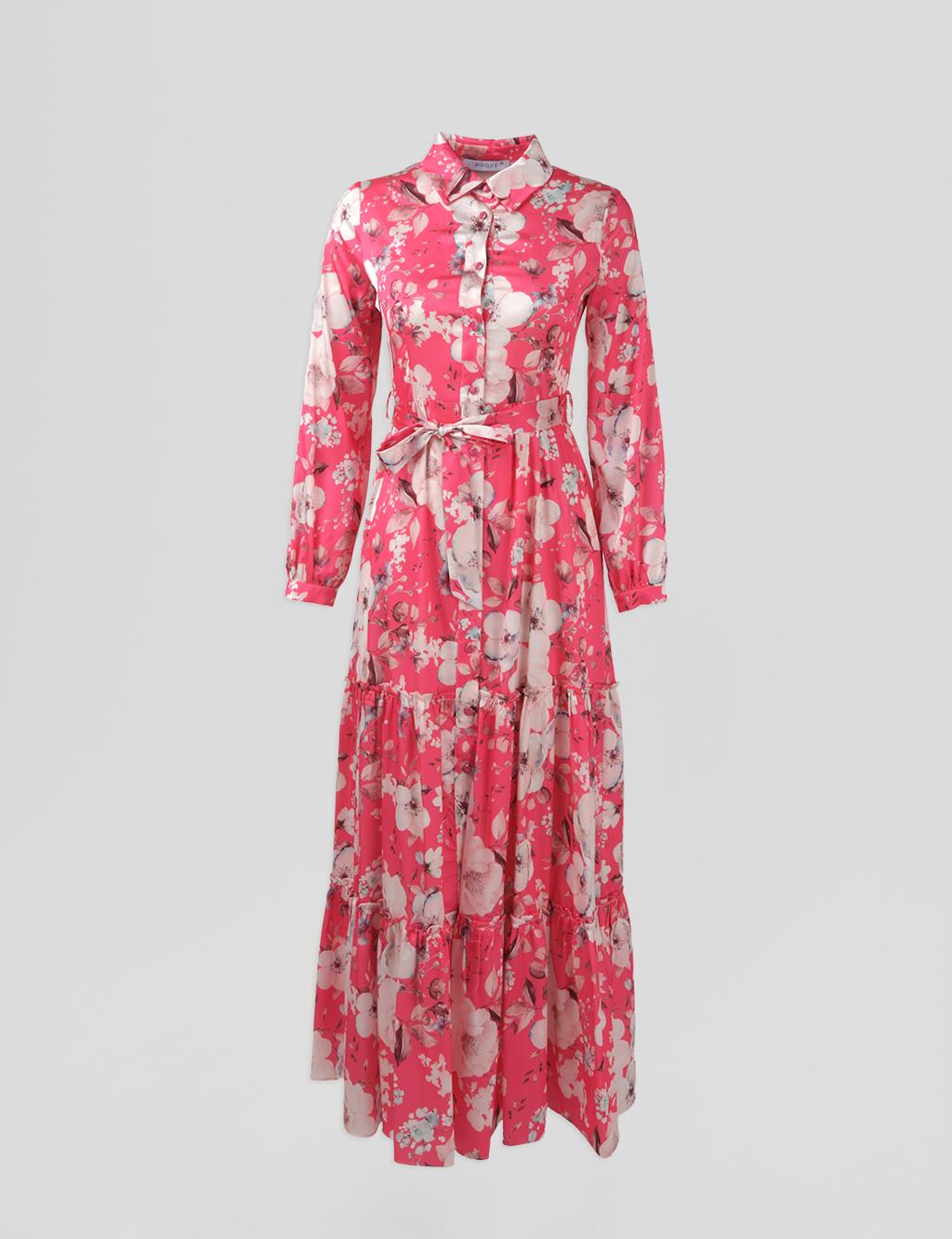 Floral Patterned Belted Dress Fuchsia