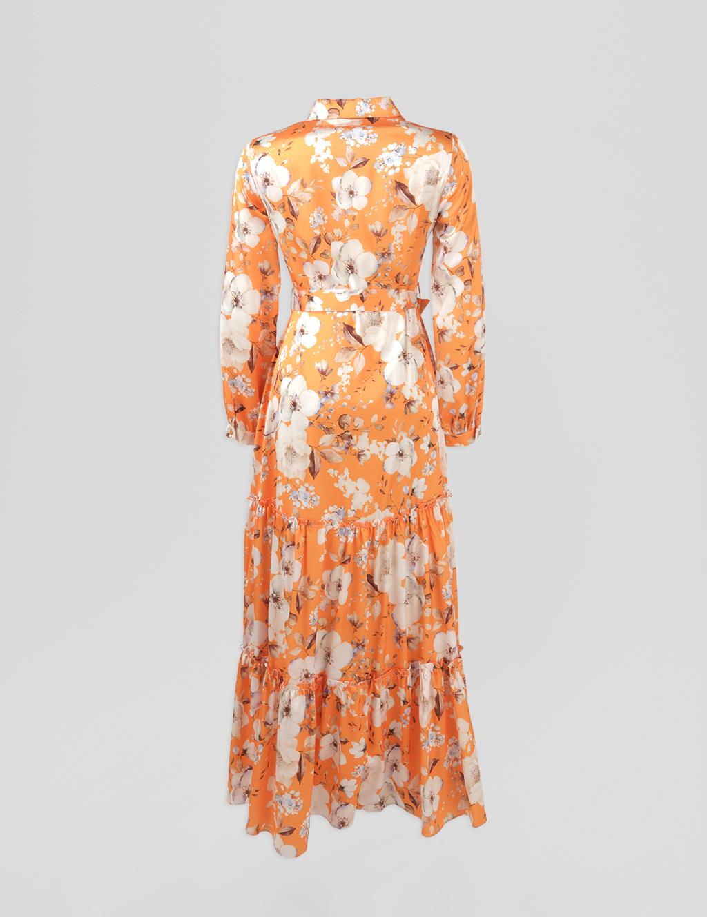 Floral Patterned Belted Dress Orange