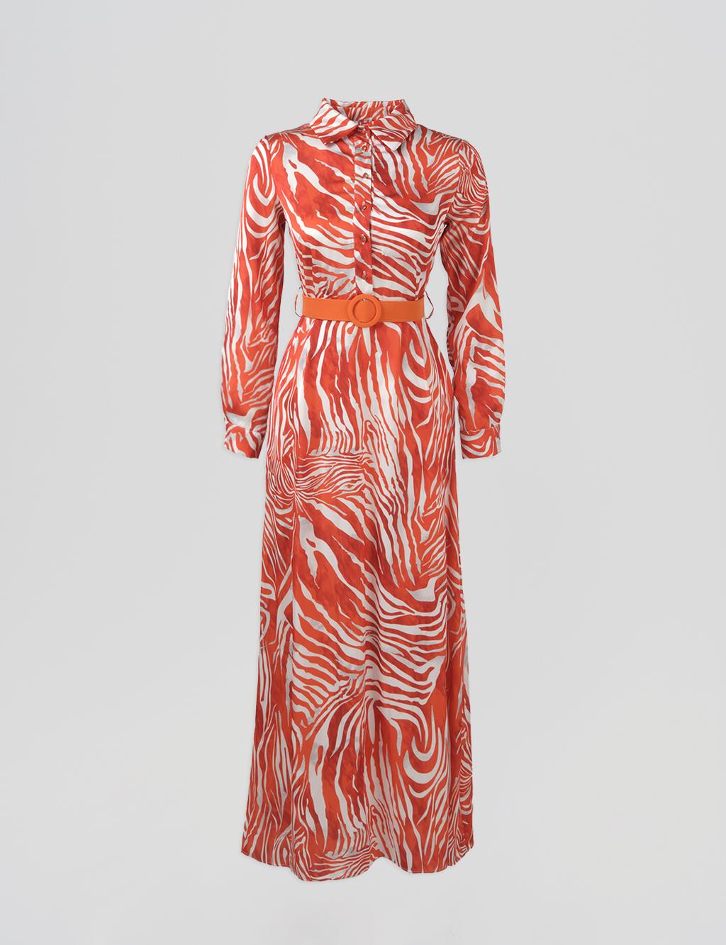 Belted Zebra Pattern Dress Orange
