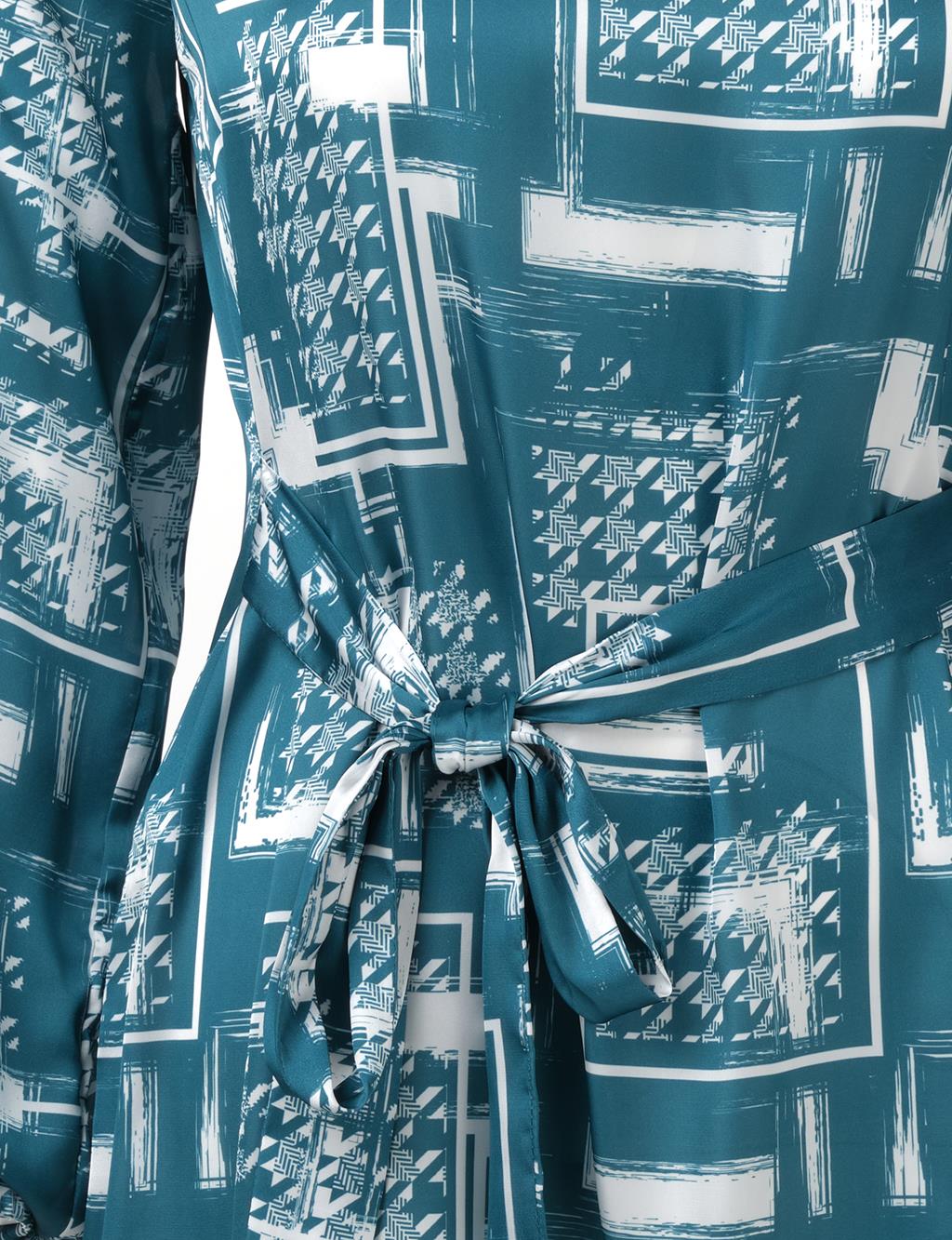 Belted Abstract Pattern Blouse Petrol