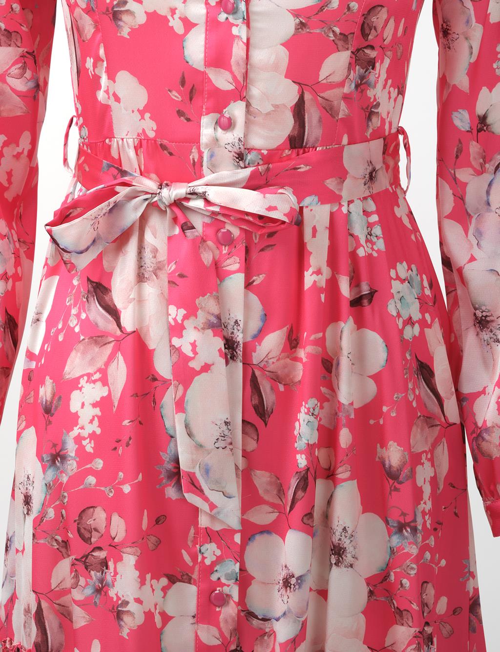 Floral Patterned Belted Dress Fuchsia