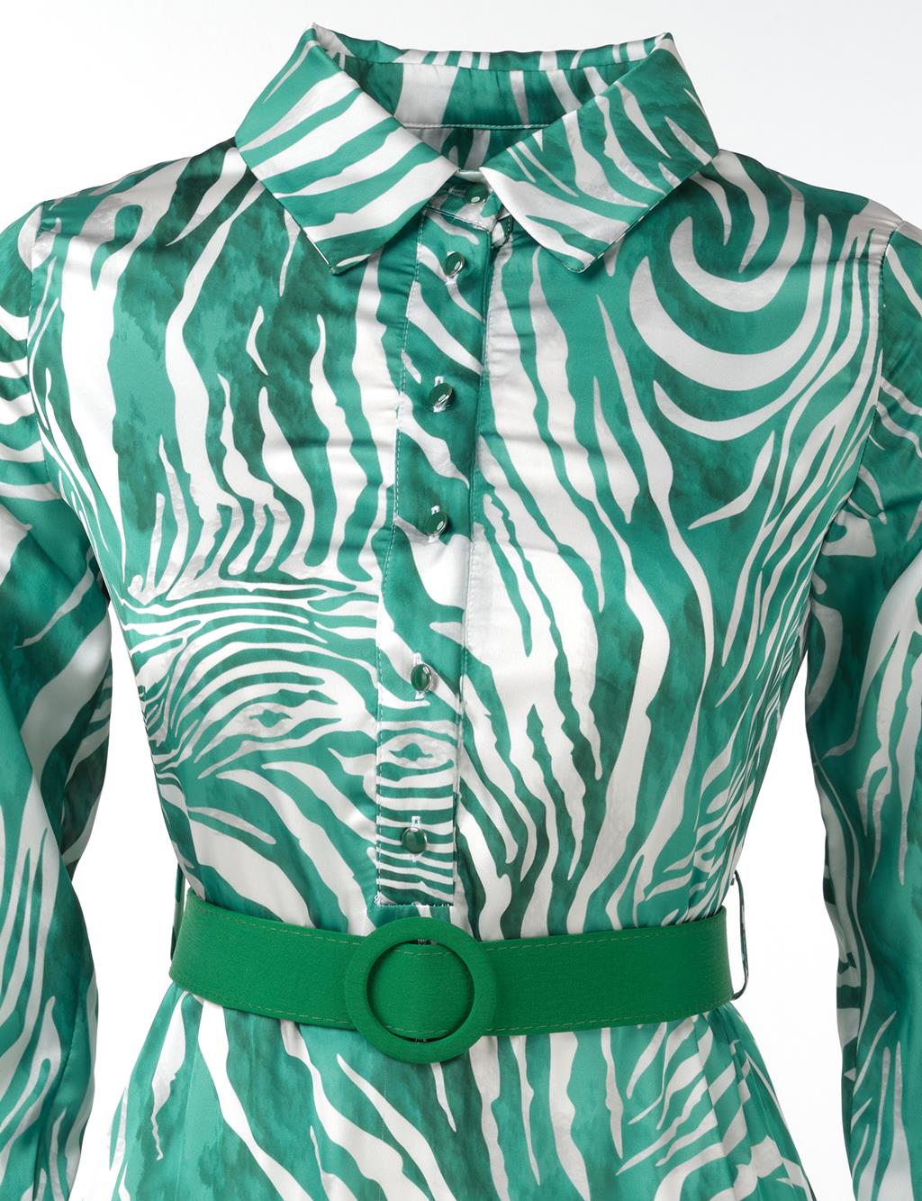 Belted Zebra Pattern Dress Green