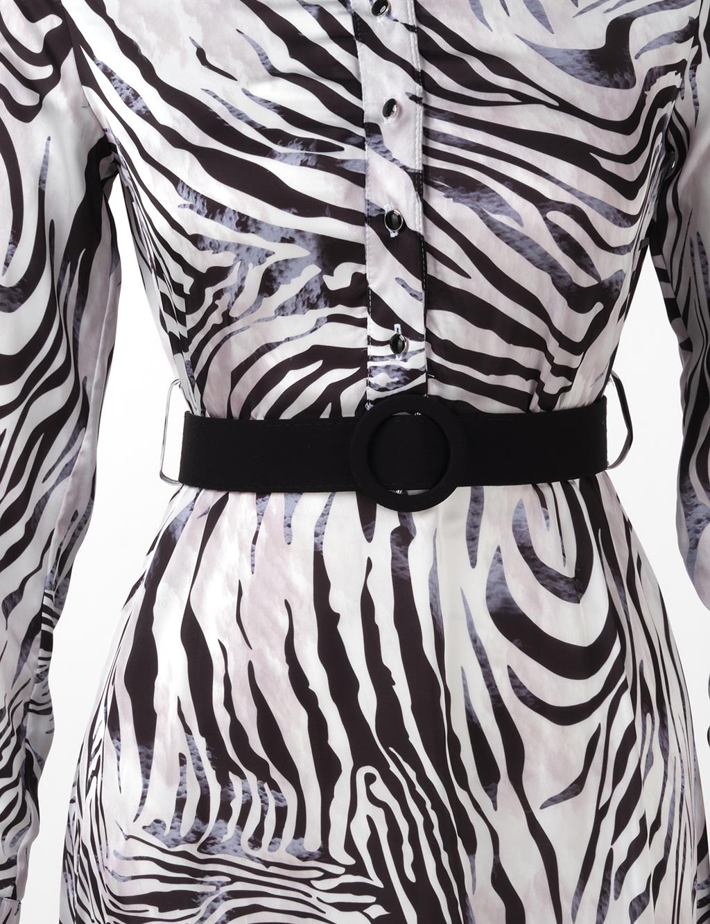 Belted Zebra Pattern Dress Black