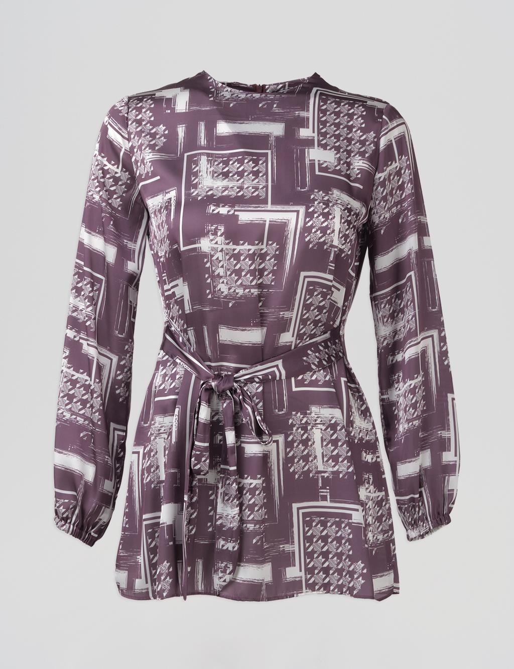 Belted Abstract Pattern Blouse Plum