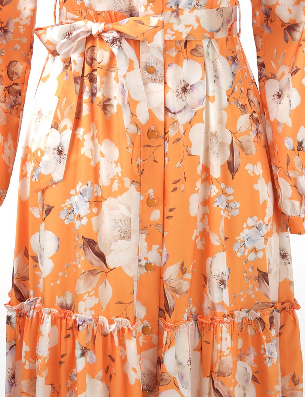 Floral Patterned Belted Dress Orange