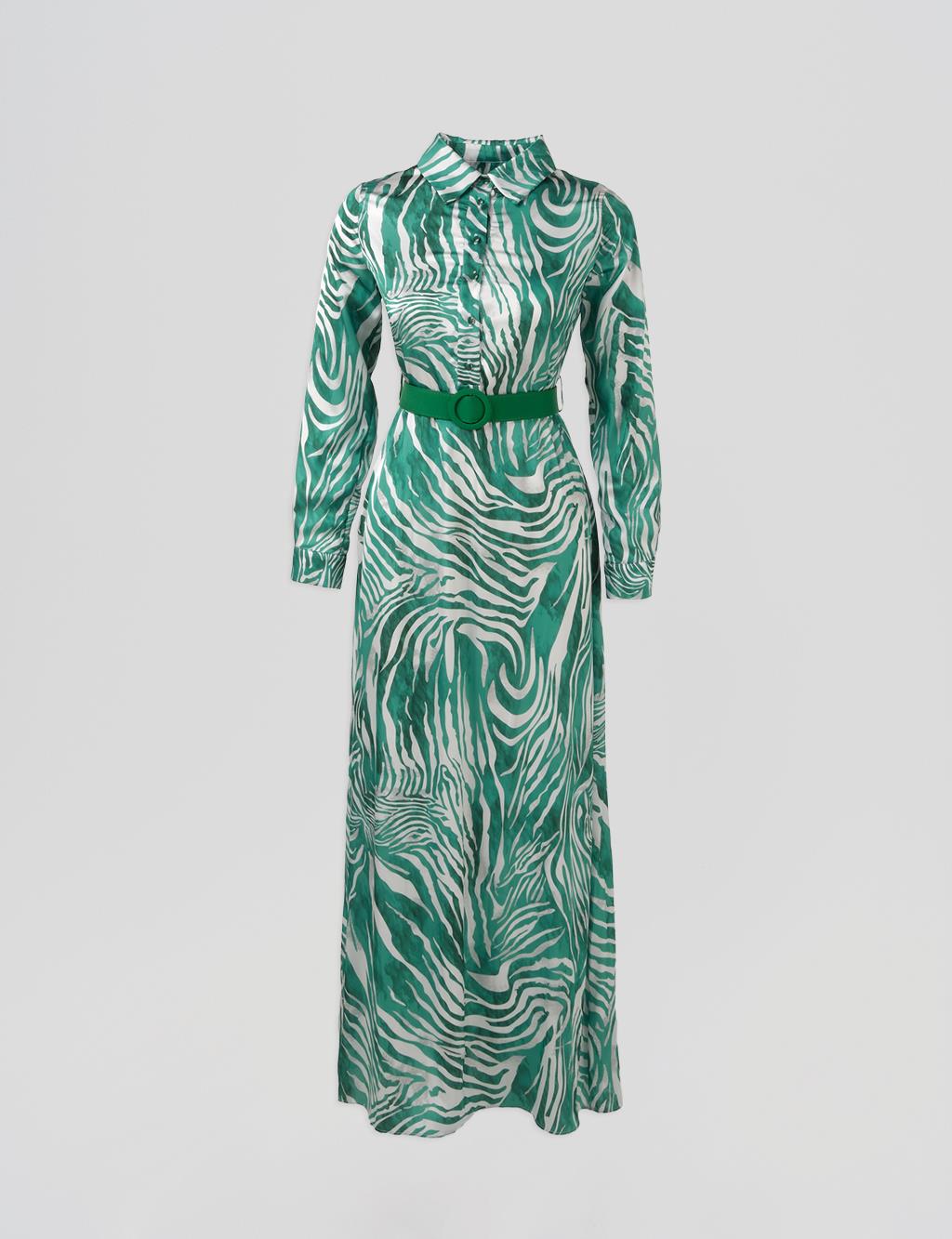 Belted Zebra Pattern Dress Green