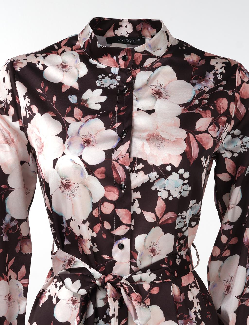 Floral Pattern Belted Tunic Black