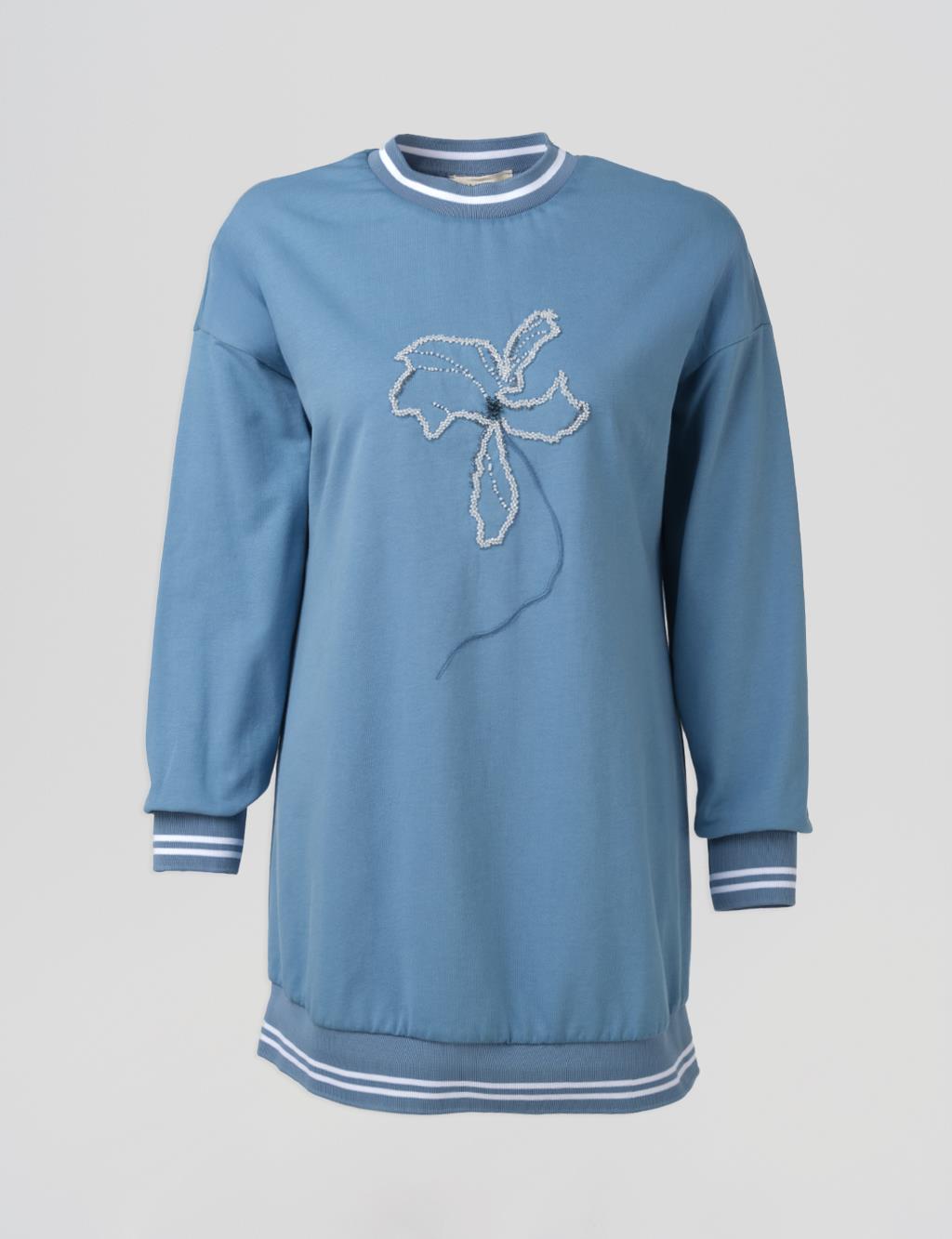 Çiçek Aplikeli İki İplik Sweatshirt Mavi