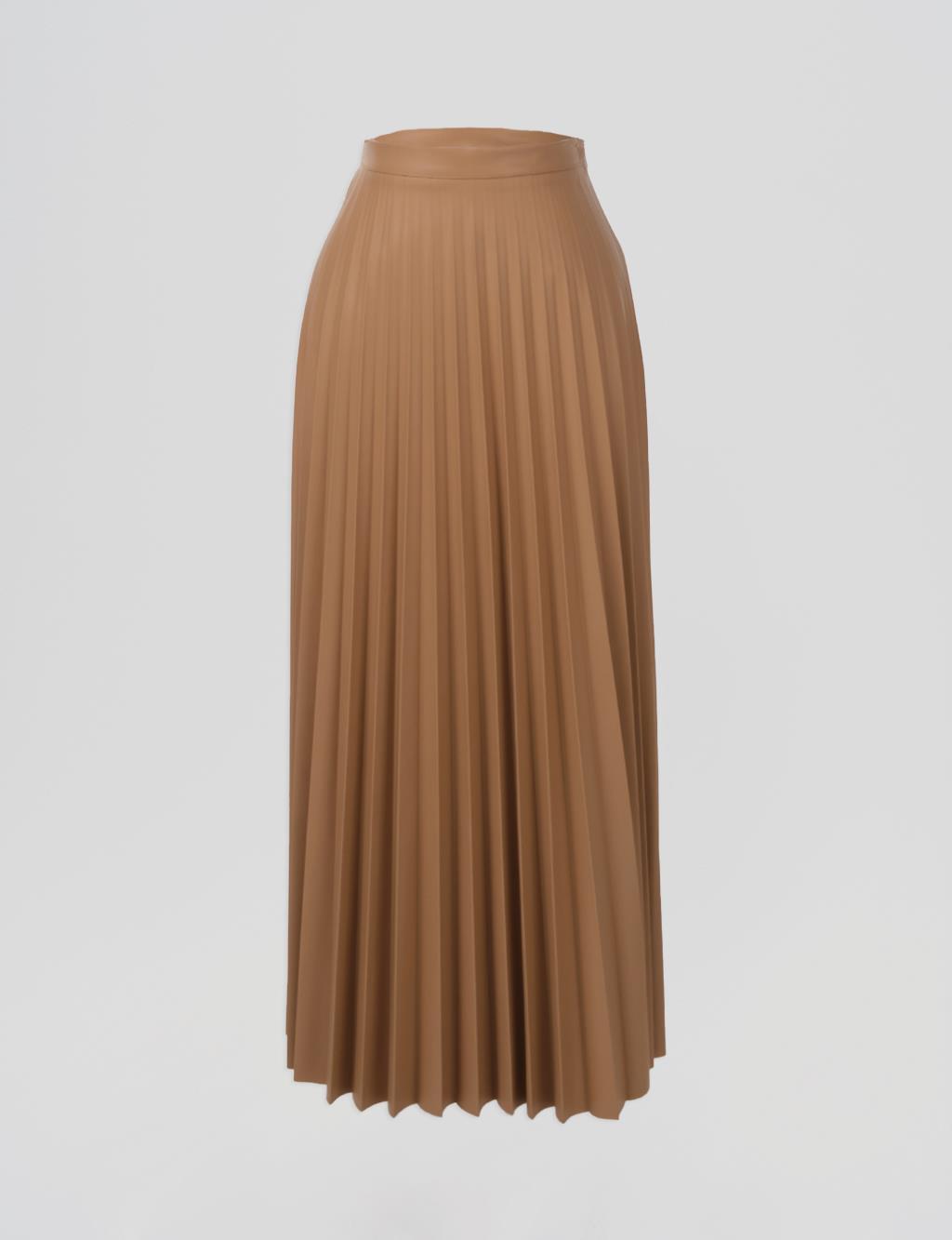 Zipper Detail Faux Leather Pleated Skirt Beige