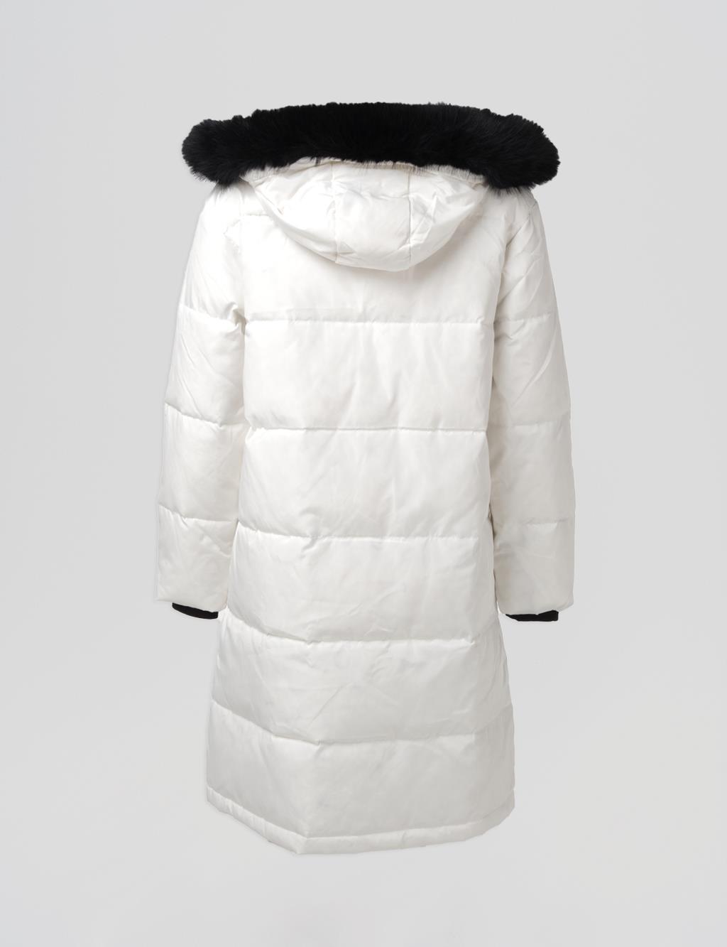 Quilted Stand Collar Hooded Fur Coat Optic White 