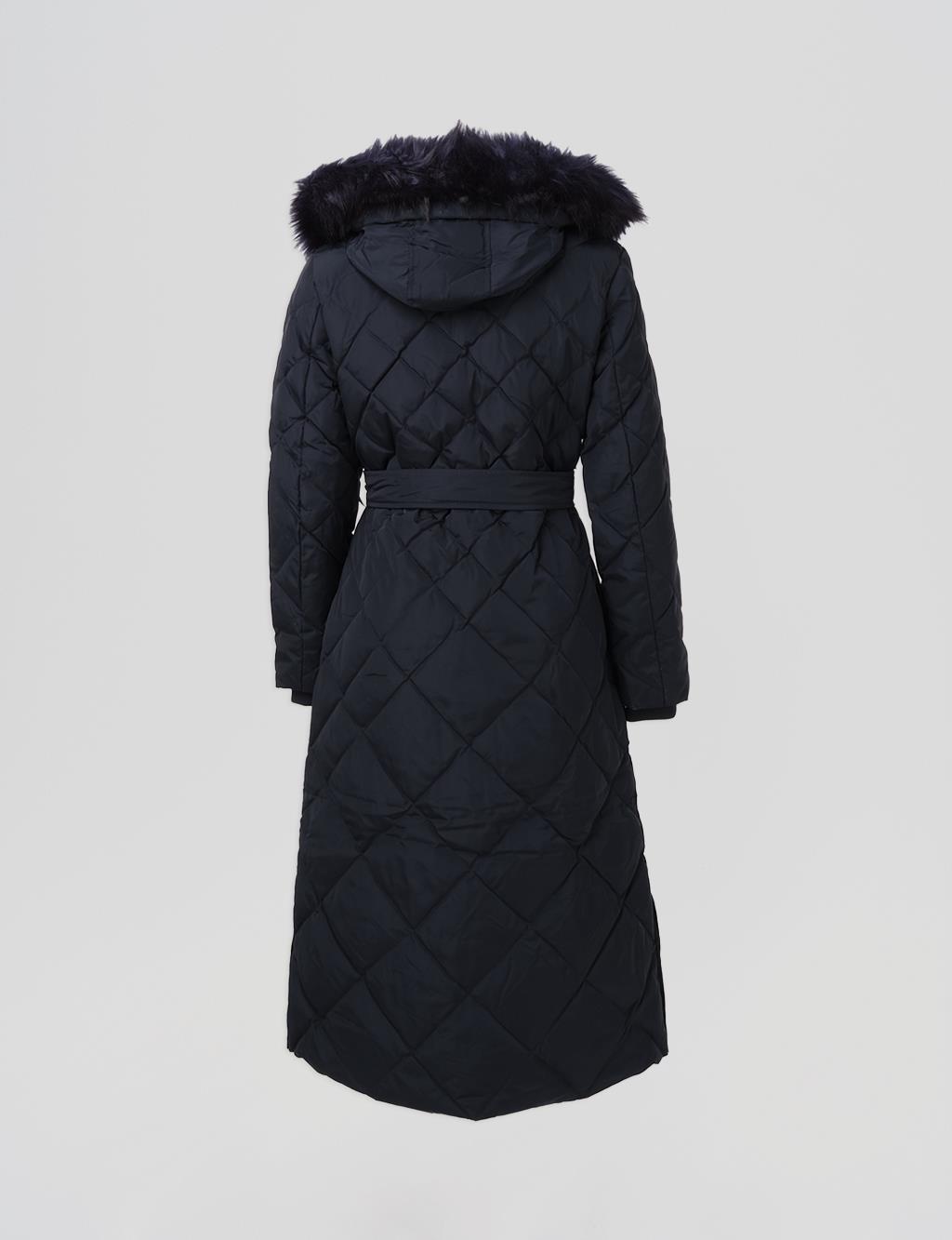 Diamond Patterned Faux Fur Goose Down Coat Navy Blue