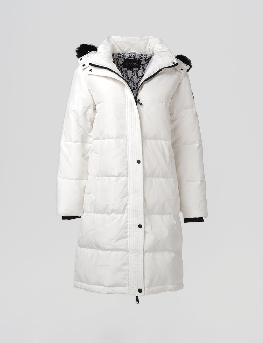 Quilted Stand Collar Hooded Fur Coat Optic White 