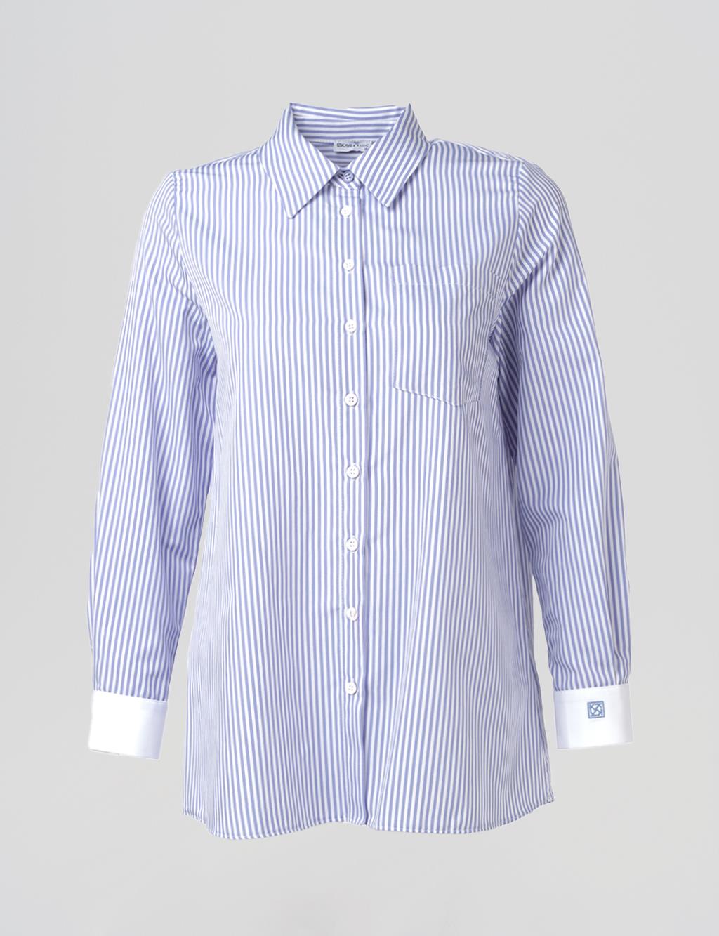 Cotton-Blend Striped Basic Tunic Blue