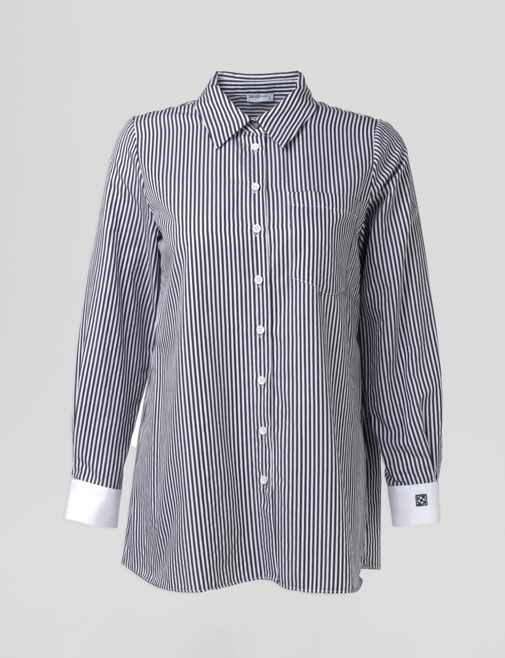 Cotton-Blend Striped Basic Tunic Navy Blue