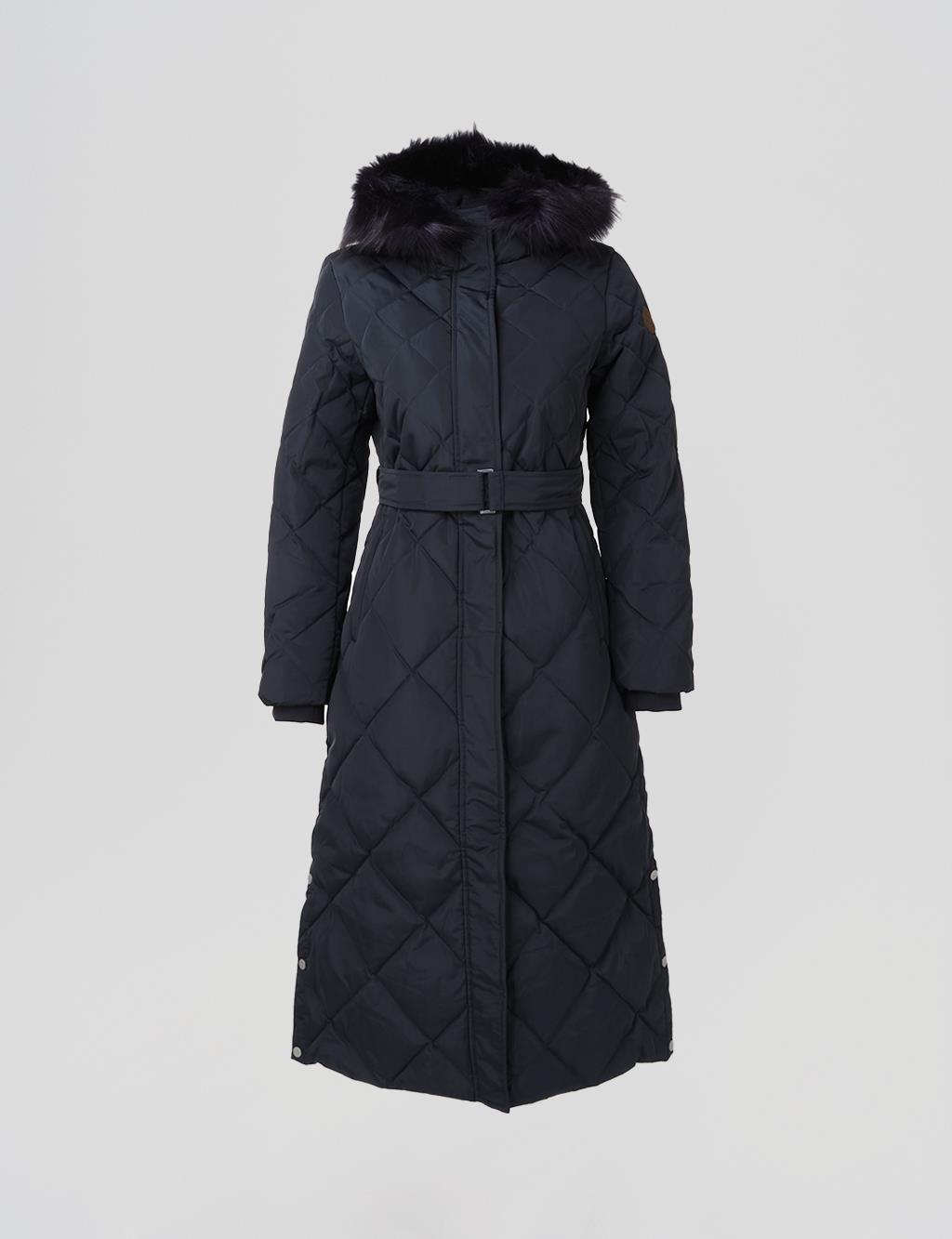 Diamond Patterned Faux Fur Goose Down Coat Navy Blue