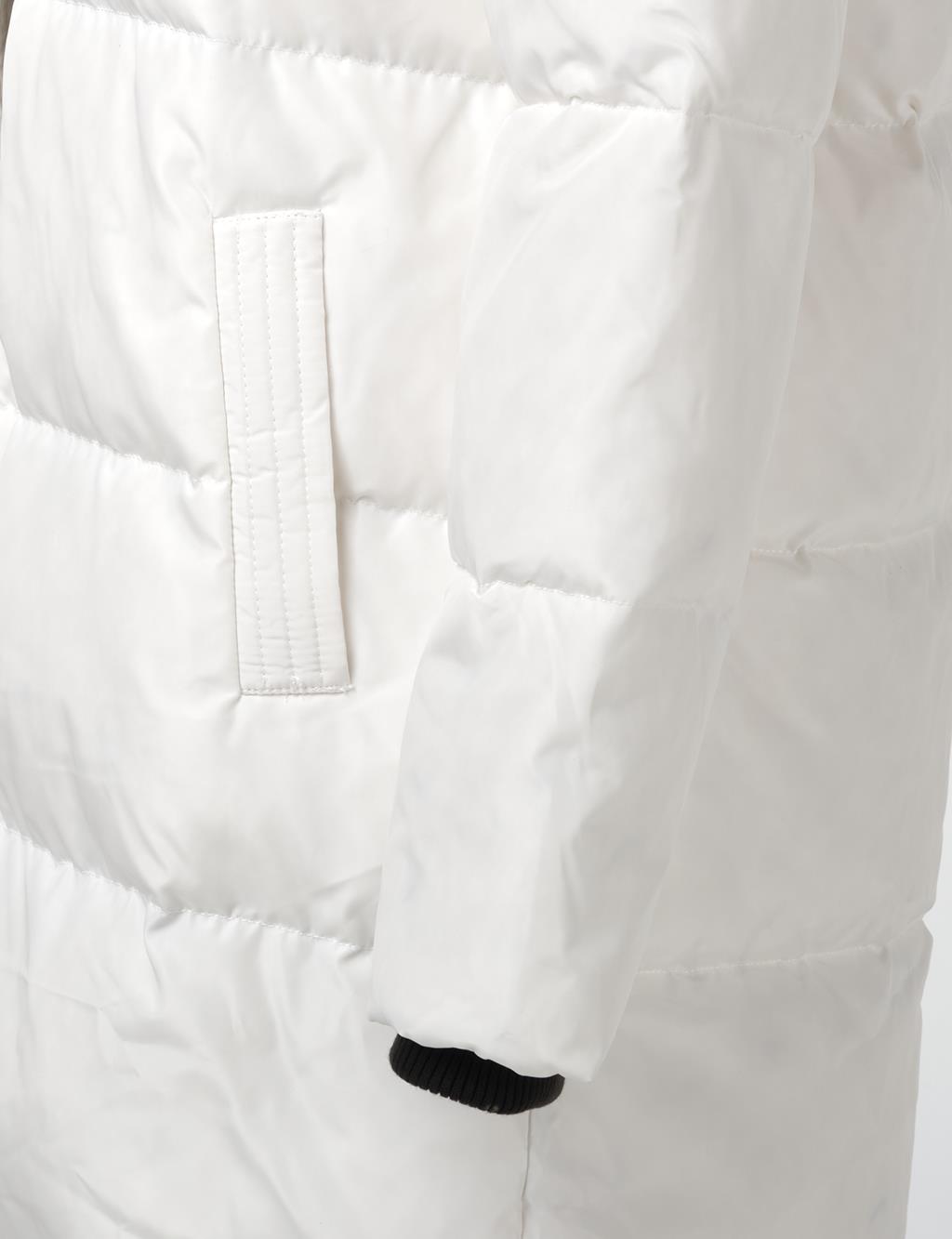 Quilted Stand Collar Hooded Fur Coat Optic White 