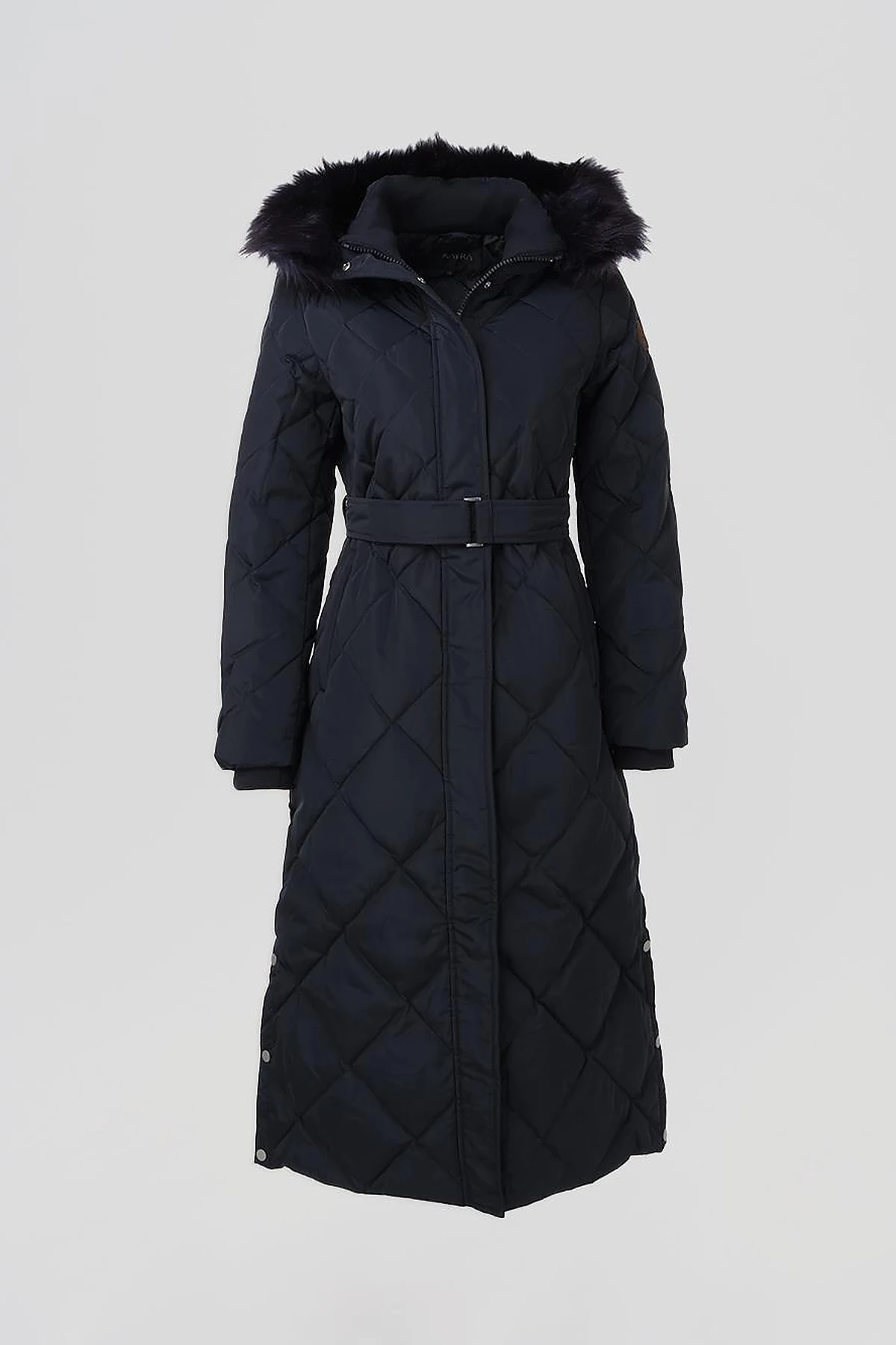 Diamond Patterned Faux Fur Goose Down Coat Navy Blue