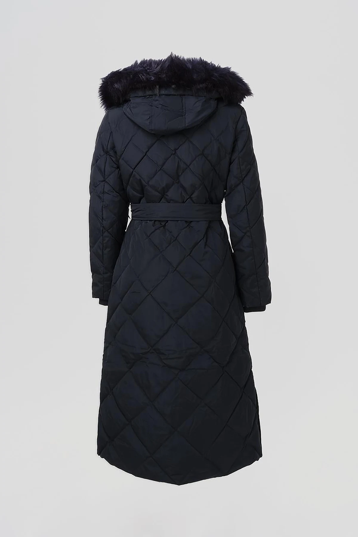 Diamond Patterned Faux Fur Goose Down Coat Navy Blue