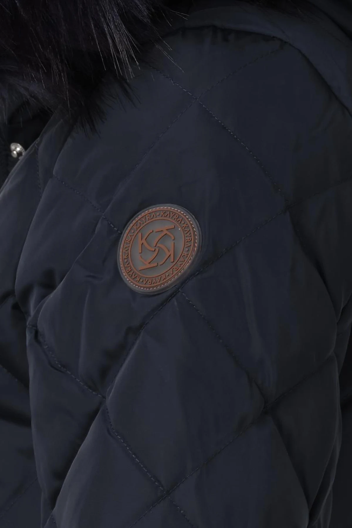 Diamond Patterned Faux Fur Goose Down Coat Navy Blue