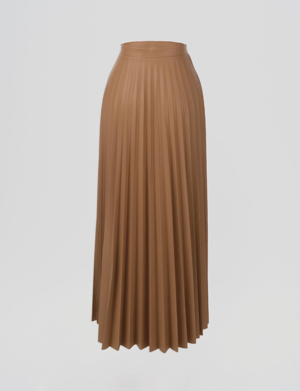 Zipper Detail Faux Leather Pleated Skirt Beige