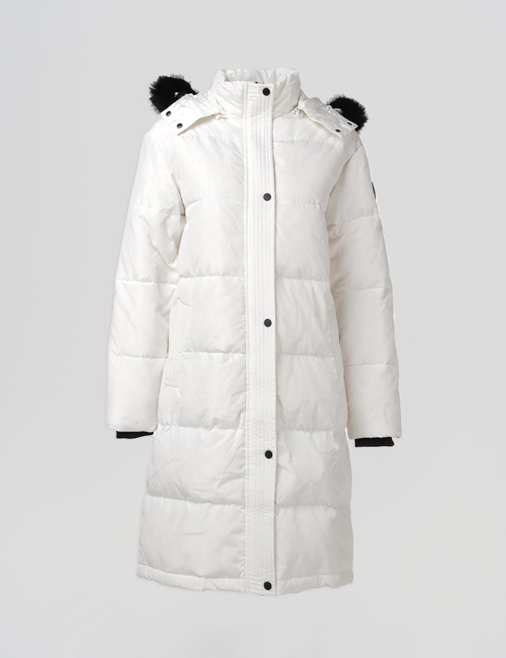 Quilted Stand Collar Hooded Fur Coat Optic White 