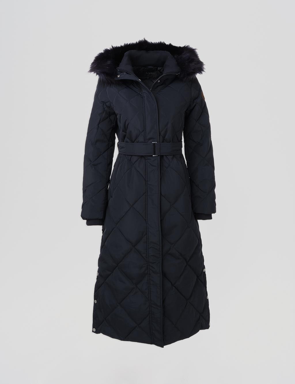Diamond Patterned Faux Fur Goose Down Coat Navy Blue