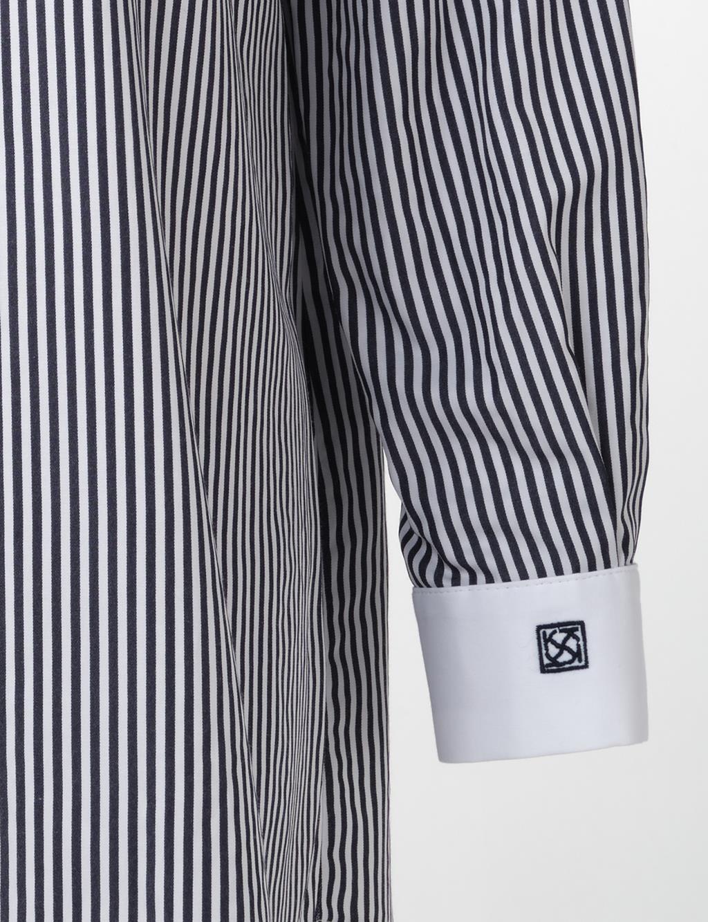 Cotton-Blend Striped Basic Tunic Navy Blue