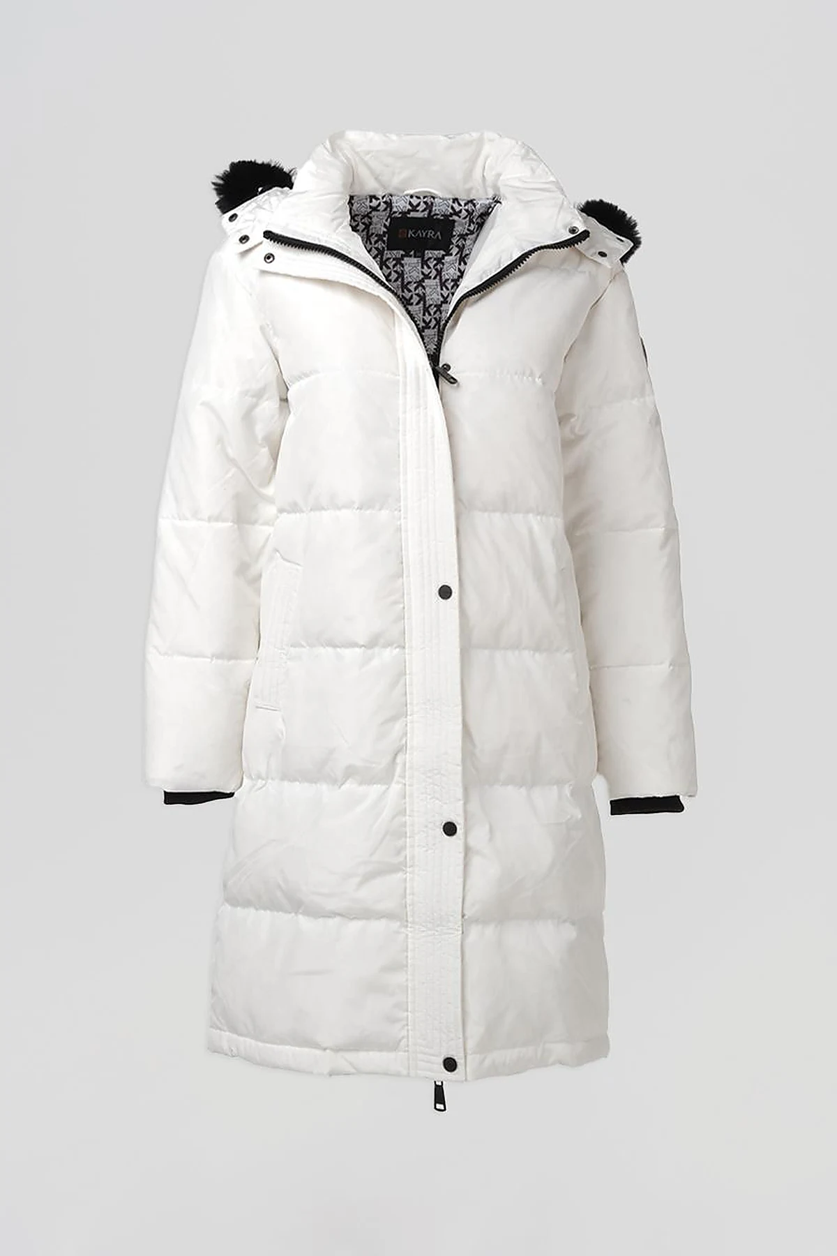 Quilted Stand Collar Hooded Fur Coat Optic White 