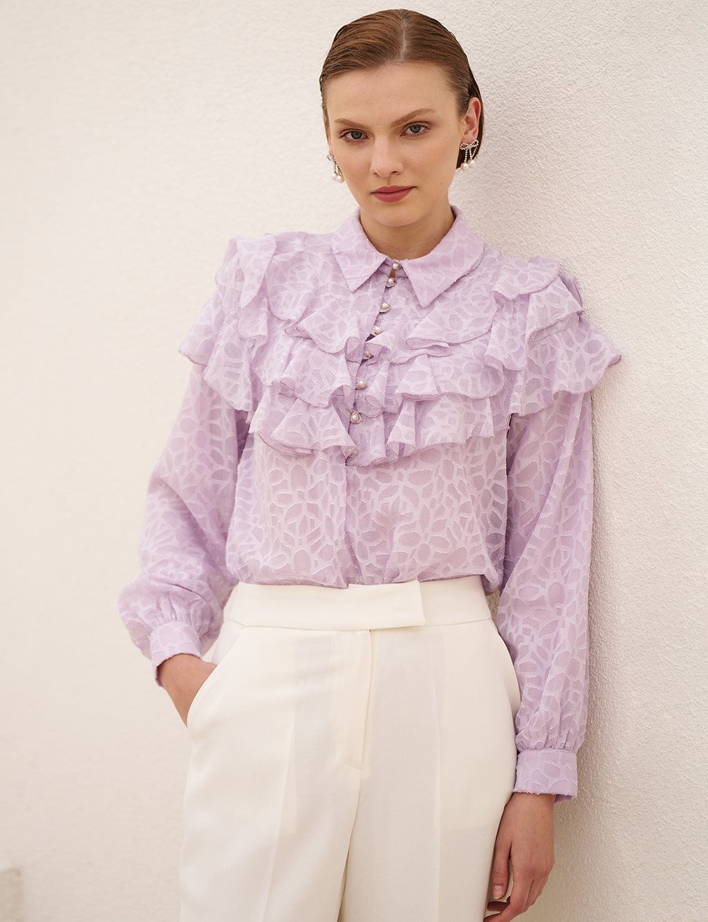Ruffled Jacquard Blouse Lilac