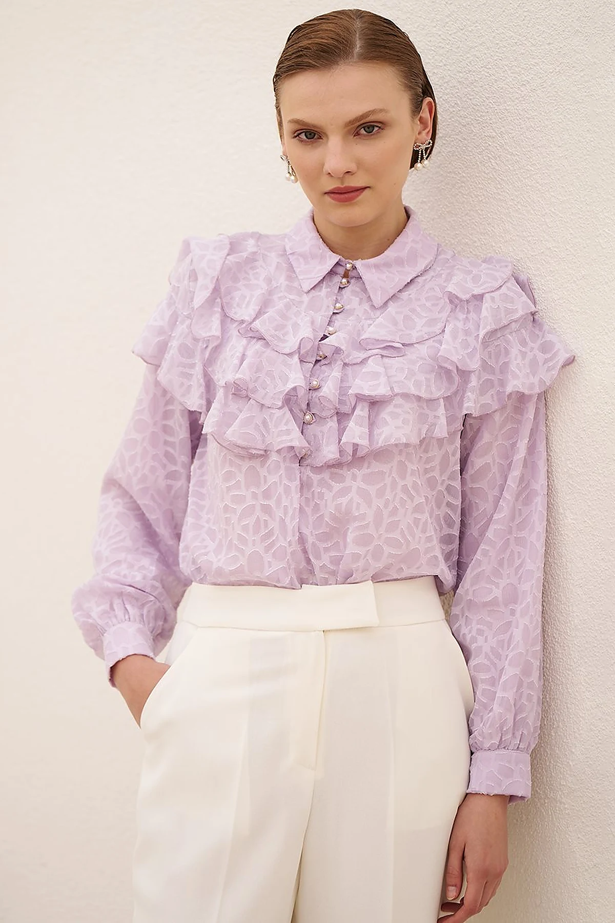 Ruffled Jacquard Blouse Lilac