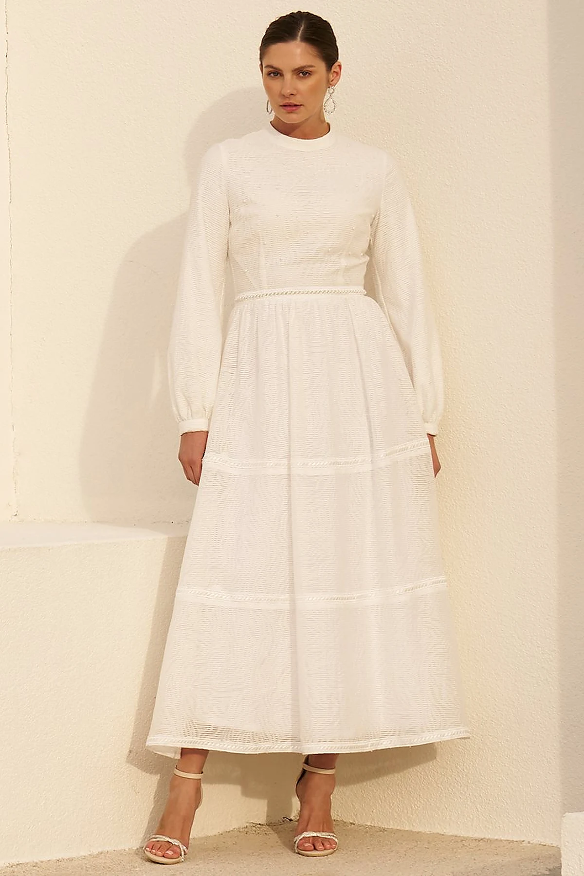 Pearl-Detail Viscose Dress - Optical White