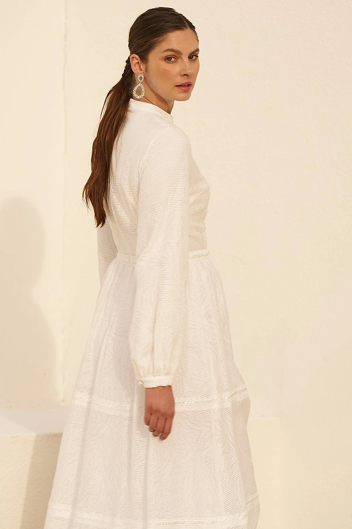 Pearl-Detail Viscose Dress - Optical White