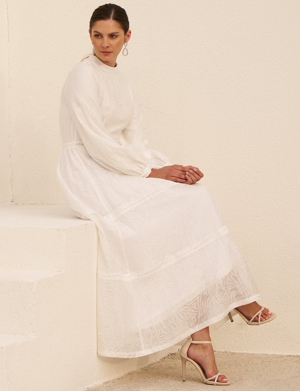 Pearl-Detail Viscose Dress - Optical White