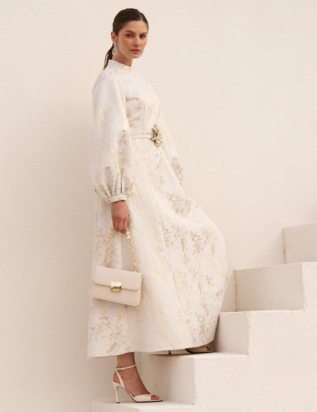 Balloon Sleeve Jacquard Elegant Dress Ecru