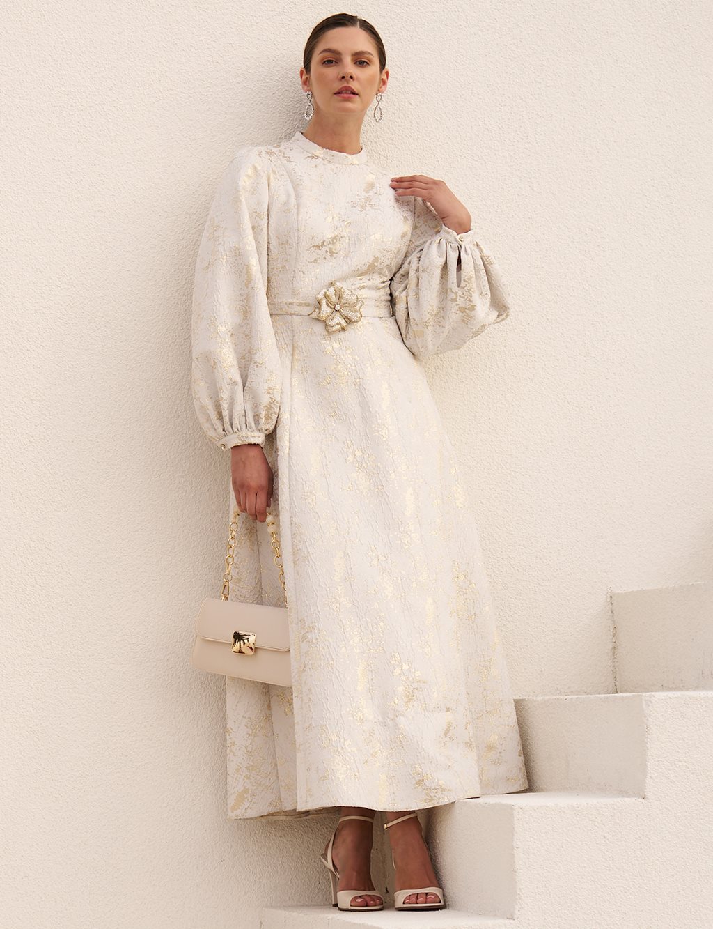 Balloon Sleeve Jacquard Elegant Dress Ecru