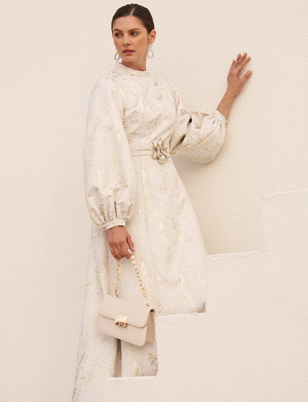 Balloon Sleeve Jacquard Elegant Dress Ecru
