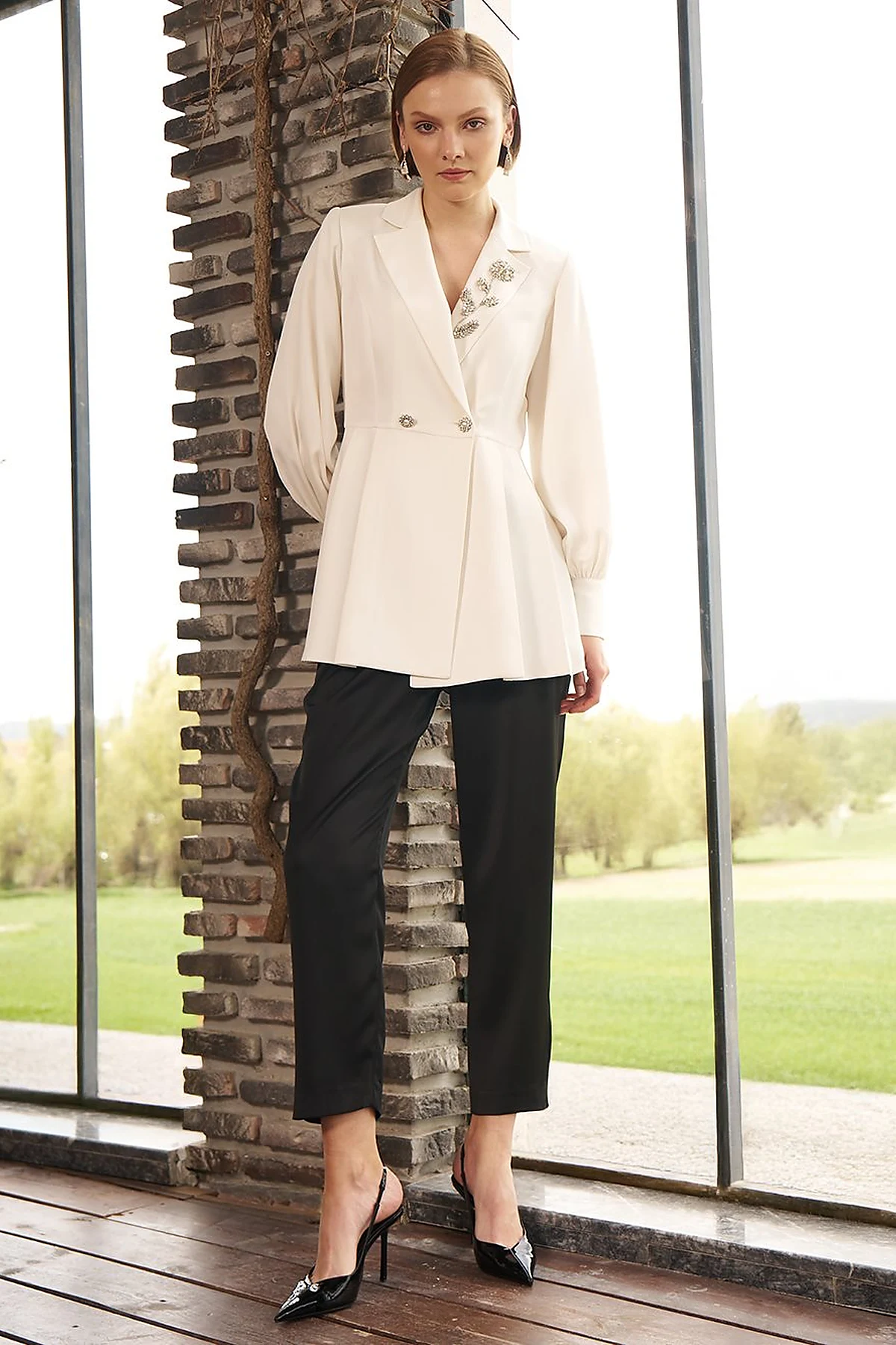 Stone-Embellished Satin Jacket in Ecru