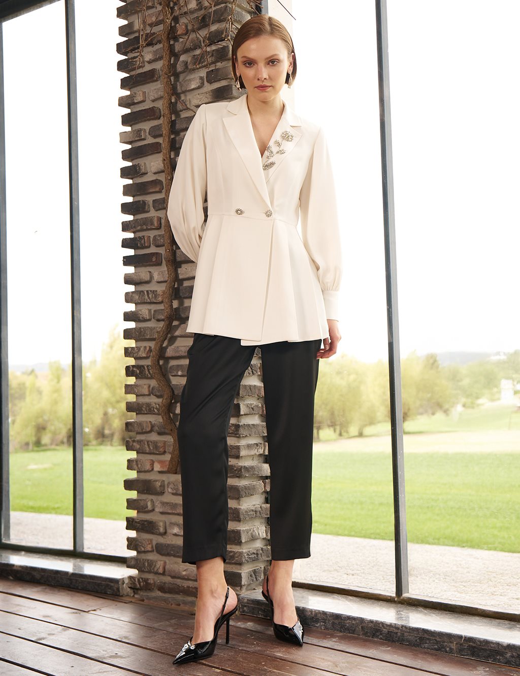 Stone-Embellished Satin Jacket in Ecru