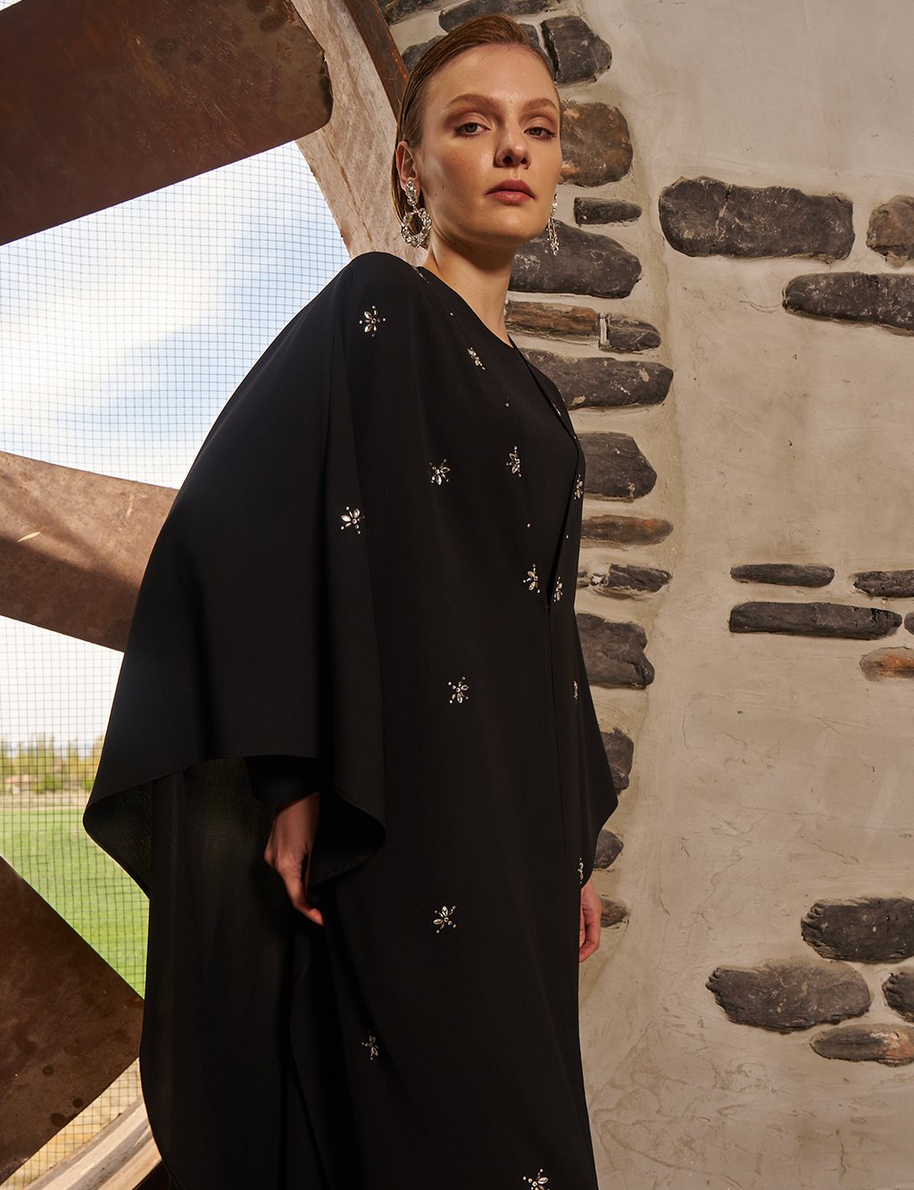 Stone-Embellished Abaya Set Black
