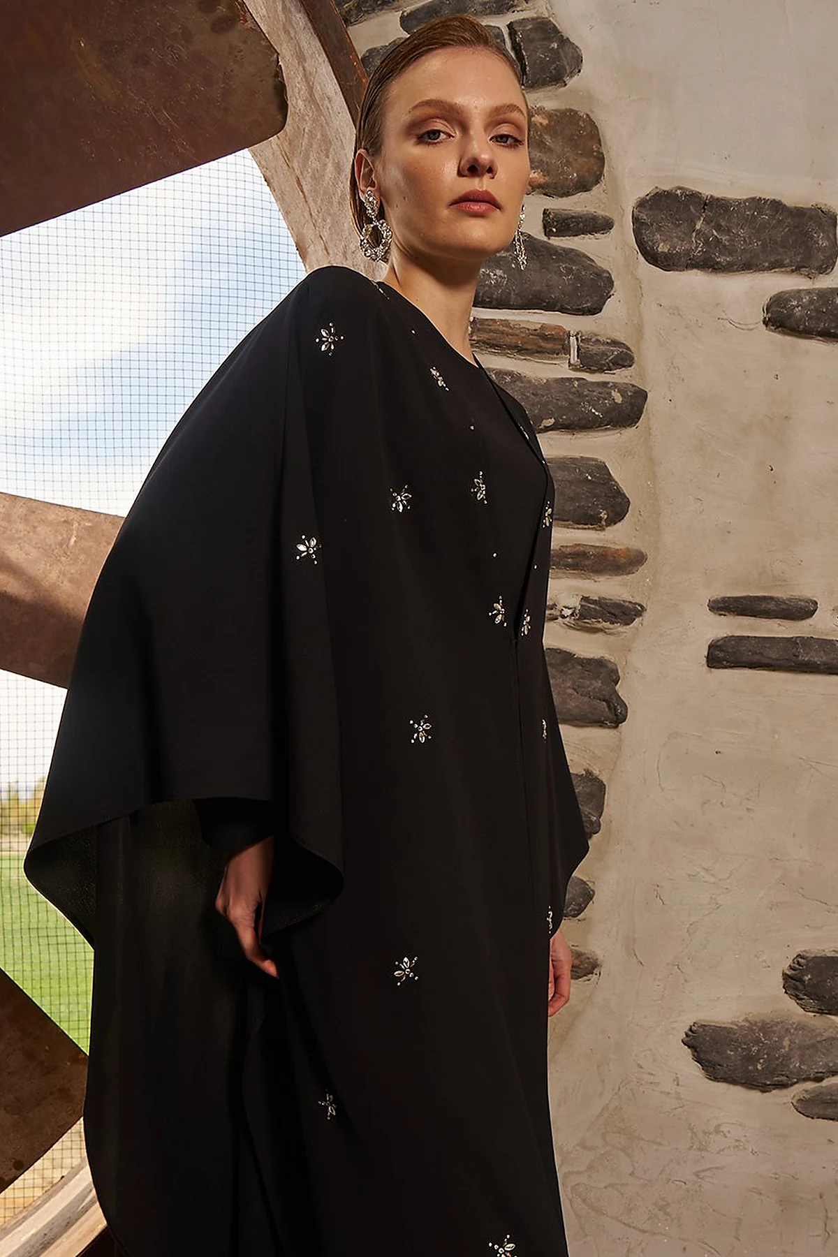 Stone-Embellished Abaya Set Black